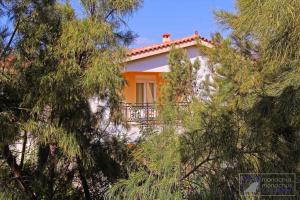 a house with a balcony in the middle of trees at Monachus Monachus in Frangokastello
