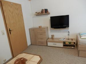 een woonkamer met een televisie, een bed en een tafel bij Zum Stadtwald in Spremberg
