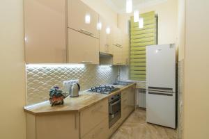 uma cozinha com electrodomésticos brancos e um frigorífico branco em Vip Apartment na Derebasovskoi em Odessa