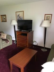 a living room with a television and a coffee table at Lake Tree Inn & Suites in Marion