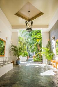 un pasillo vacío con plantas y una lámpara de araña en Alamanda - Suite 46 en Palm Cove