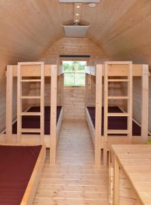 Cette chambre comprend 2 lits superposés et une fenêtre. dans l'établissement Campinghütte im SportErlebnisPark Allmersbach im Tal, à Allmersbach im Tal