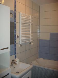 a bathroom with a shower and a sink and a tub at Sonatka w Apartamentowcu Sonata in Międzywodzie