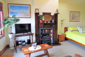 a room with a fireplace and a bed and a television at McCloud House in Port Noarlunga