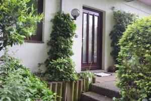 una puerta delantera de una casa con plantas verdes en Ferienwohnung Smutje en Kiel