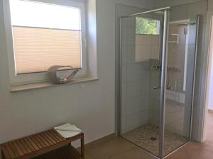 La salle de bains est pourvue d'une douche avec une porte en verre. dans l'établissement Hof Kranichstein, à Kluis
