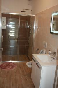 a bathroom with a shower and a toilet and a sink at Apartment Stipe in Maslenica +28 photos