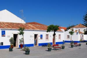 a group of white buildings with trees in pots at Casa dos Peixes in Porto Covo