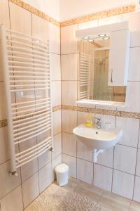 a bathroom with a sink and a mirror and a toilet at Babos Panzio in Mosonmagyaróvár