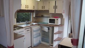 a small kitchen with white cabinets and a microwave at Brzozowe Zacisze in Łagów