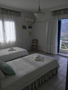 a bedroom with two beds and a large window at Villa Sis in Aïdhónia