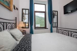 a bedroom with a bed and a television and a window at IL Piccolo Castello Busteni in Buşteni