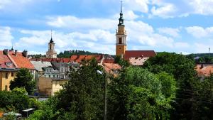 a view of a city with buildings and towers at Noclegi na Łącznej in Świebodzice