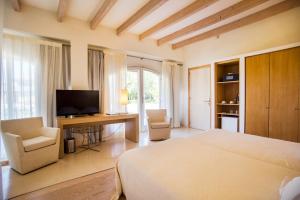 Dormitorio con cama, escritorio y TV en Hotel Ca'n Bonico, en Ses Salines