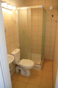 a bathroom with a toilet and a shower and a sink at Klocek in Mrzeżyno