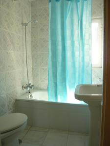 アルコス・デ・ラ・フロンテーラにあるCasa Bluesのバスルーム(バスタブ、トイレ、青いシャワーカーテン付)