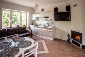 sala de estar con mesa y chimenea en Apartament Mrągowo en Mrągowo