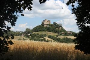 ein Schloss auf einem Hügel mit einem Feld in der Unterkunft Albergo Ristorante Bismantova in Castelnovo neʼ Monti