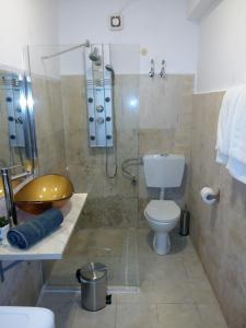 a bathroom with a shower and a toilet and a sink at Mirador Apartments in Limenas