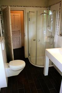 a bathroom with a shower and a toilet and a sink at Ferienhaus Suhr in Wittmund