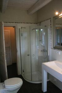 a bathroom with a shower and a toilet and a sink at Ferienhaus Suhr in Wittmund