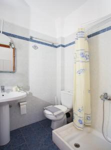 a bathroom with a toilet and a shower curtain at Malvasia Corner Studios - ex Romeo's House in Monemvasia