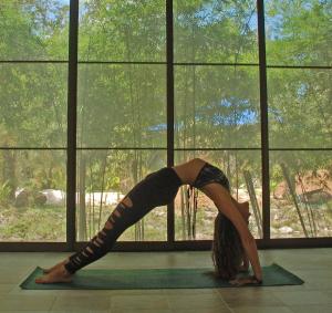 a woman doing a yoga pose in front of a window at Wonderland Healing Center in Thongsala