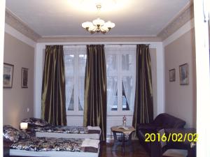een woonkamer met 2 bedden en een raam bij Apartment Irene in Poznań