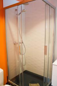 La salle de bains est pourvue d'une douche avec une porte en verre. dans l'établissement Appartements de Jeanne, à Lille