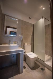 ein Bad mit einem WC, einem Waschbecken und einer Dusche in der Unterkunft The Beach House - Apartments & Studios in Afytos