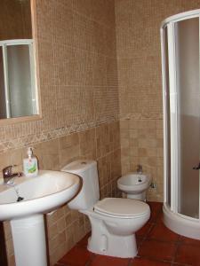 un baño con inodoro y lavabo en Apartamentos Sierra de Segura, en Segura de la Sierra 37 fotos más