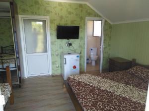 a bedroom with a bed and a television on the wall at Mini-Dacha in Kurortne +43 photos
