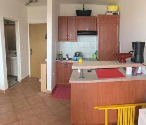 eine Küche mit Holzschränken und einer Arbeitsplatte in der Unterkunft Apartment Jurja in Povljana