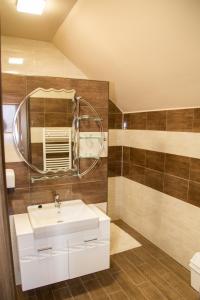 ein Bad mit einem Waschbecken und einem Spiegel in der Unterkunft Cantry Ételbár in Balkány