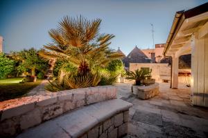 a patio with palm trees and a stone wall at Astra in Alberobello