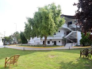 a park with chairs and a tree in front of a building at Afytos Lofts in Afitos