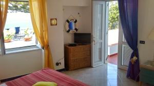 a bedroom with a bed and a television and a balcony at Villa Glicine in Ponza
