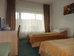 ein Hotelzimmer mit 2 Betten und einem Fenster in der Unterkunft Hotel Diana in Geoagiu-Băi