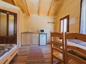a small room with a kitchen and a refrigerator at Riverside Woodhouses in Praid