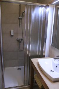 ein Bad mit einer Dusche und einem Waschbecken in der Unterkunft Penzion Gostisce Lesjak in Orehova vas 