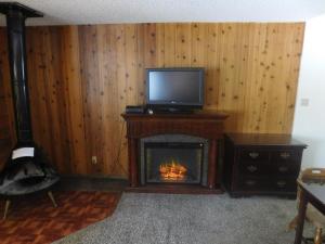 a living room with a television and a fireplace at The Tamarack Lodge in Lakeshore