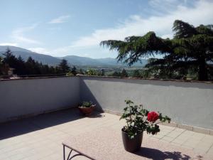 un patio con una mesa y flores en la pared en B&B Il Giovine, en Campello sul Clitunno