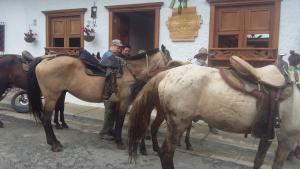 duas pessoas sentadas em cavalos em frente a um edifício em Sergeant Pepper's Hostel em Jardín