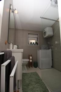La salle de bains est pourvue d'un lavabo, de toilettes et d'un miroir. dans l'établissement Apartment Smokva ****, à Podgreben