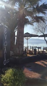 a sign for a resort with a palm tree and the ocean at Enalio Rooms in Glida +10 photos