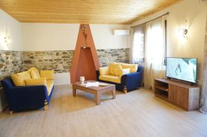a living room with two blue chairs and a television at Villa Giota in Potamiá