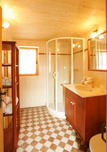 a bathroom with a shower and a sink at Das Baderhaus in Zell am See