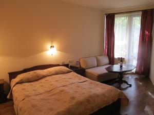 a bedroom with a bed and a table and a window at Apartments & Studios Mountain Romance in Bansko