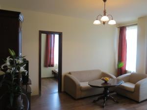 a living room with a couch and a table at Apartments & Studios Mountain Romance in Bansko