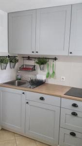 a kitchen with white cabinets and a sink at Apartmants Bubalo in Trpanj